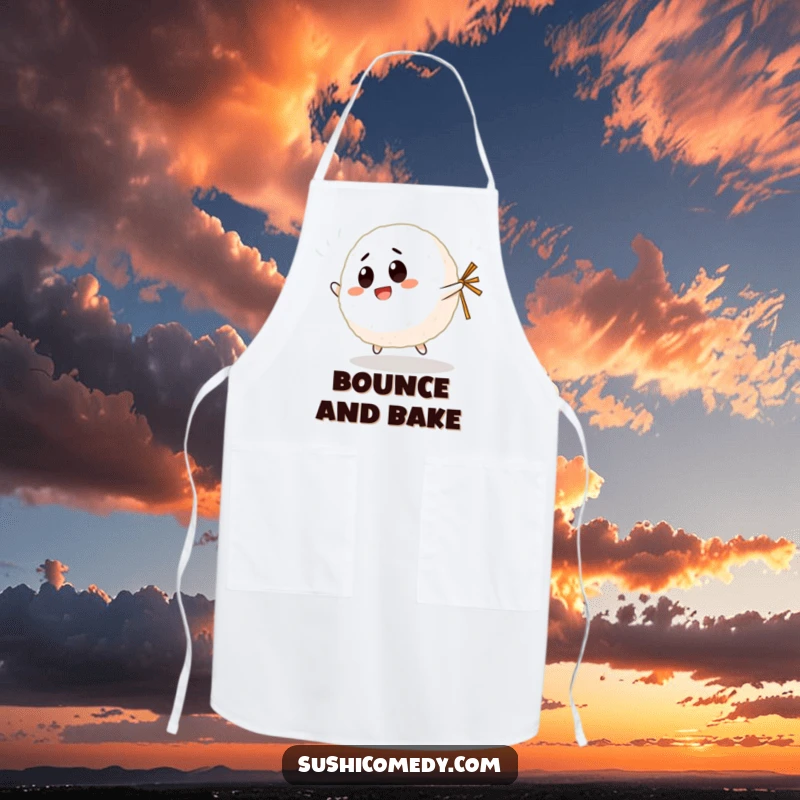 Funny Giggling Rice Ball Apron showing a happy rice ball character bouncing with a tiny nori strip, adding fun to kitchen wear.