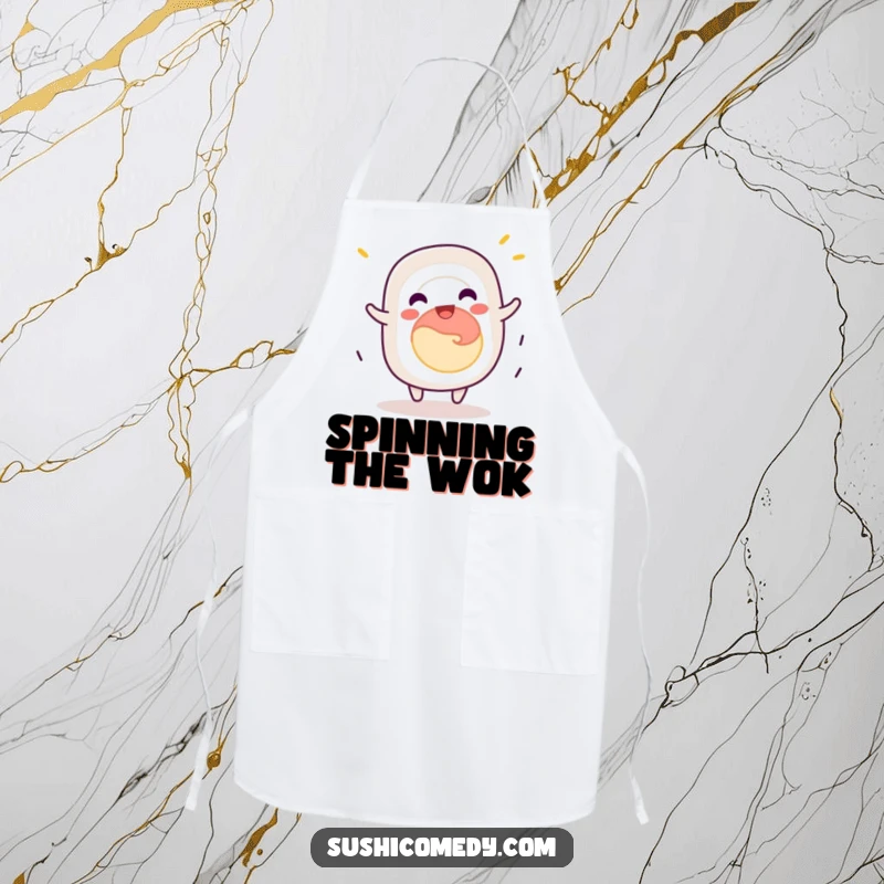 Funny California roll sushi apron, jovially spinning with delight, a humorous and practical kitchen accessory.