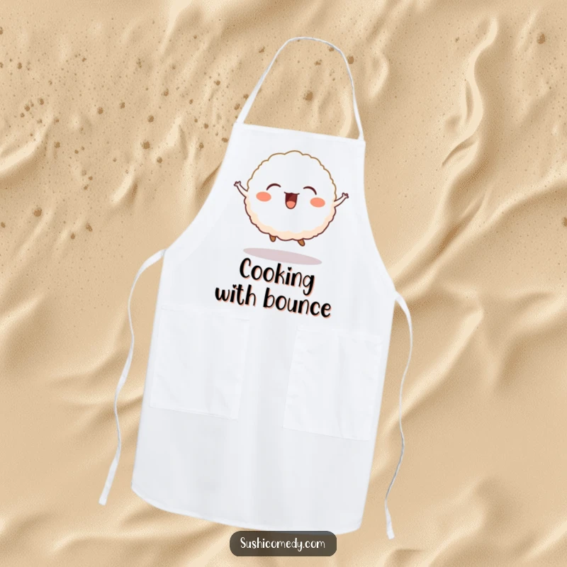 Funny apron illustration of a giggling rice ball performing a joyful jump, perfect for a happy kitchen.