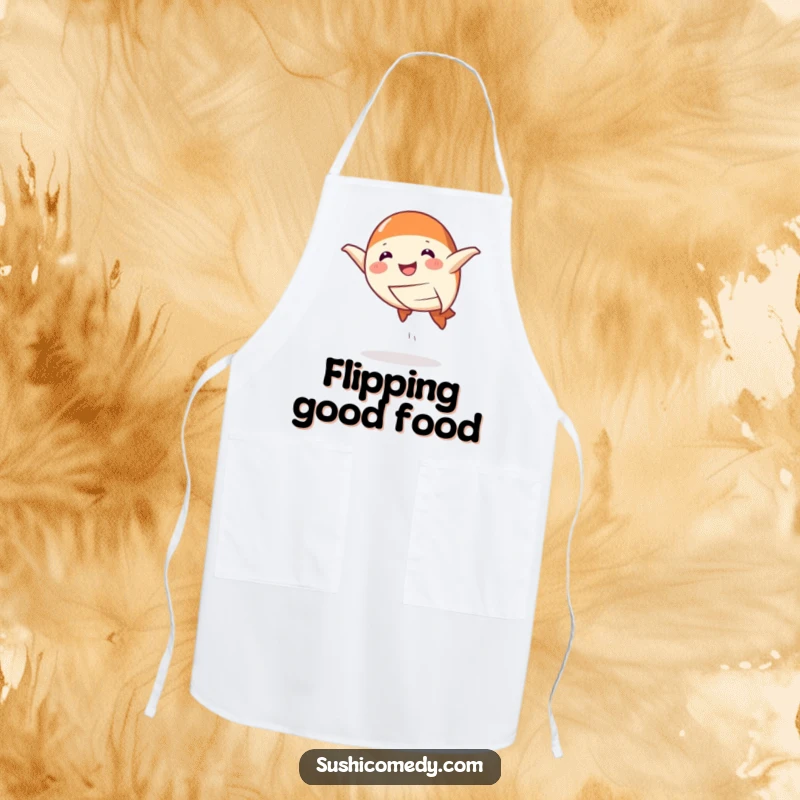 Funny Apron showing a smiling salmon nigiri doing a playful leap, ideal for a fun-loving foodie, a humorous kitchen accessory.