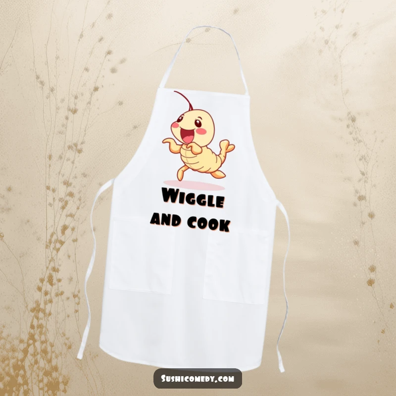 Funny shrimp tempura sushi roll apron, delightfully wiggling its legs, a humorous and practical kitchen accessory.