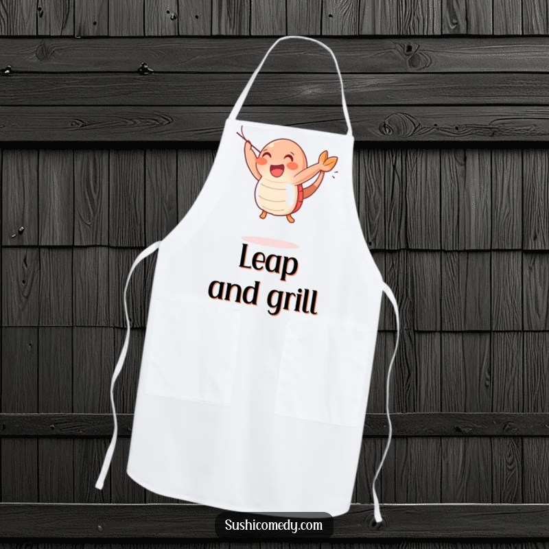 Funny Happy Shrimp Sushi Apron showing a joyful shrimp sushi character doing a happy leap, adding fun to kitchen wear.