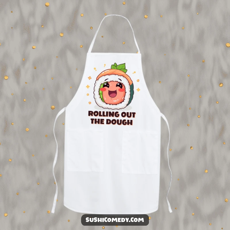 Funny tuna maki sushi roll apron, cheerfully rolling with excitement, a humorous and practical kitchen accessory.