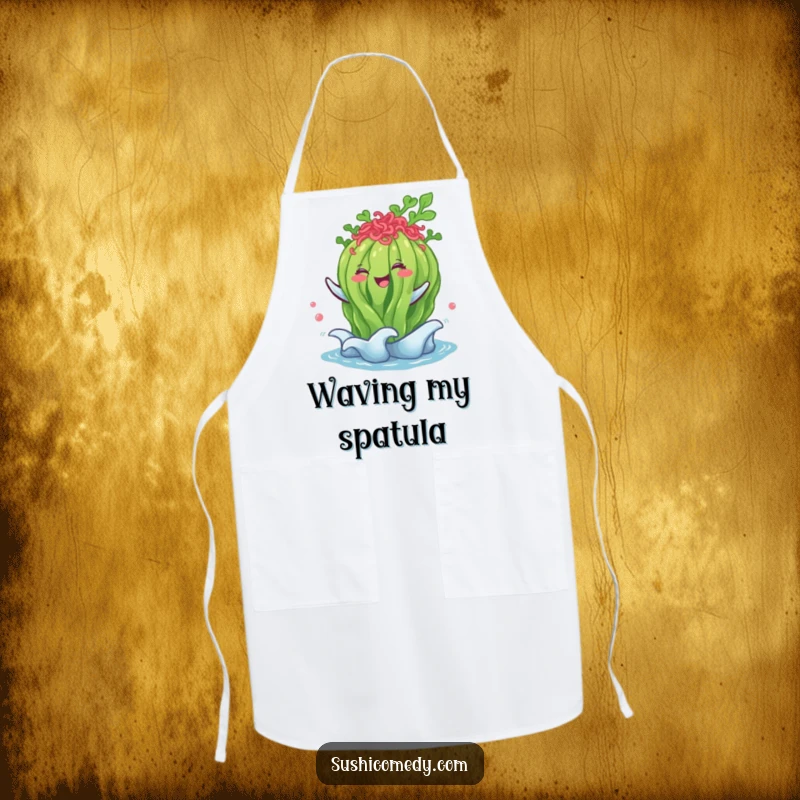 Funny seaweed salad apron, happily performing a gentle wave, a humorous and practical kitchen accessory.