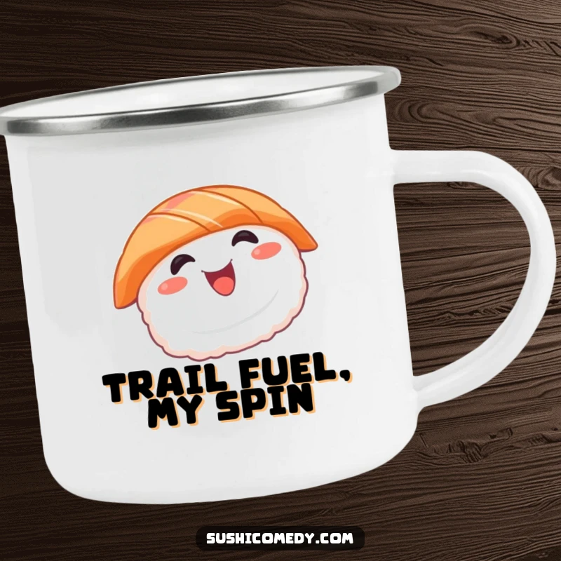 Funny sushi camping mug featuring a smiling salmon sushi character spinning, designed for outdoor enthusiasts and sushi lovers.