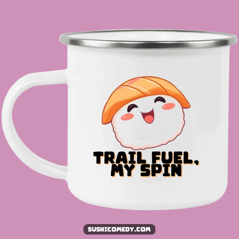 Funny Sushi Camping Mug: Adventure with Spinning Salmon, Great Funny Gift