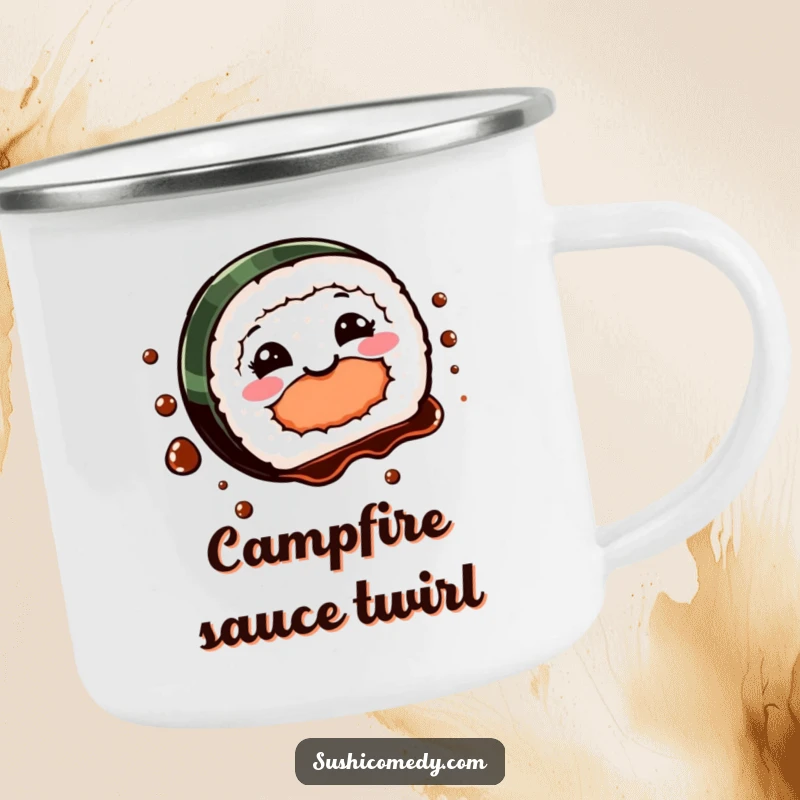 Funny Sushi Spin Camping Mug showing a happy sushi piece spinning playfully with soy sauce, perfect for outdoor enjoyment.
