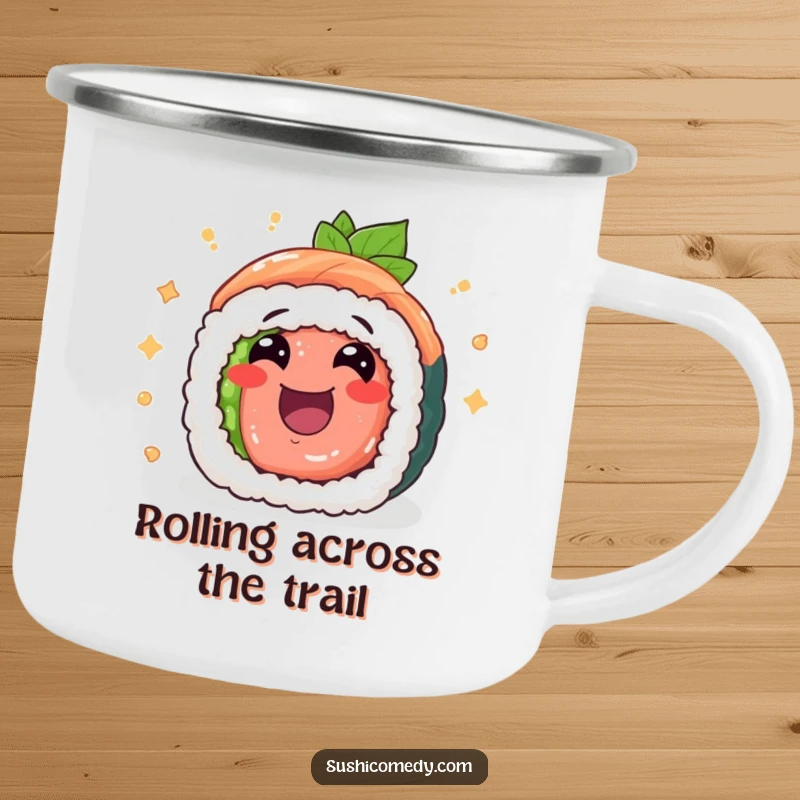 Funny tuna maki sushi roll camping mug, cheerfully rolling with excitement, durable and humorous for outdoor use.