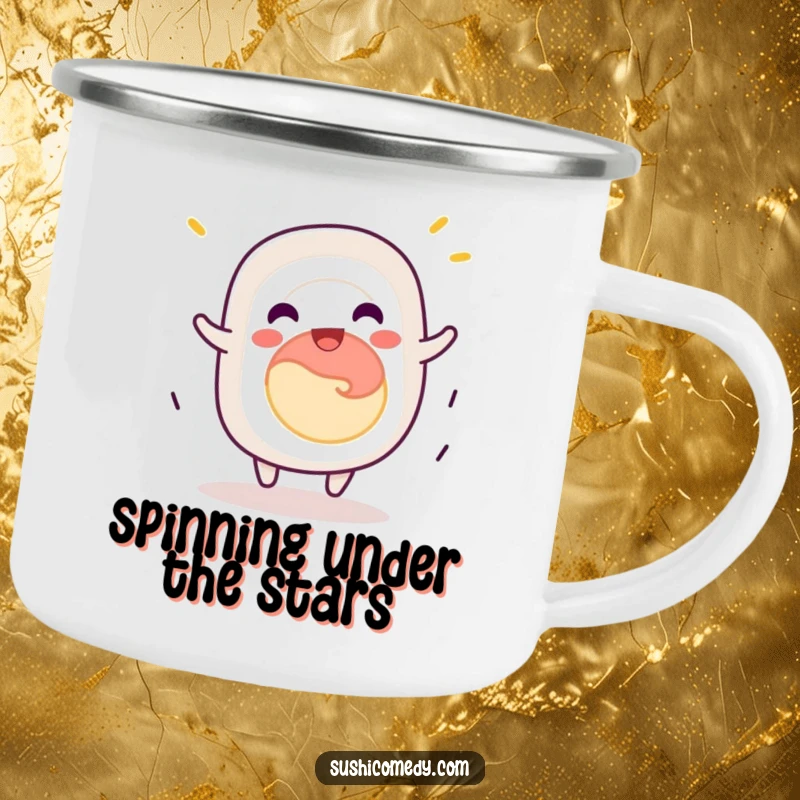 Funny California roll sushi camping mug, jovially spinning with delight, durable and humorous for outdoor use.