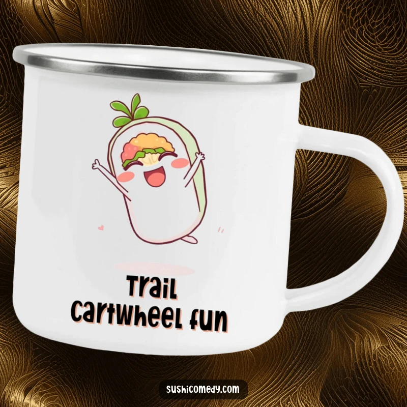 Funny camping mug design of a delighted maki roll doing a cartwheel, ideal for outdoor lovers.