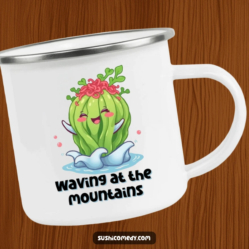 Funny seaweed salad camping mug, happily performing a gentle wave, durable and humorous for outdoor use.