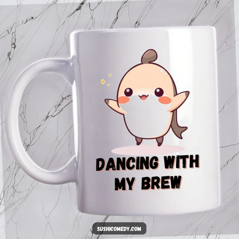 Funny mug featuring a cheerful nigiri sushi doing a cute, lively dance with pure joy.