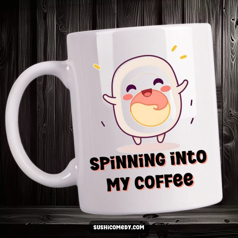 Funny California roll sushi mug, jovially spinning with delight, a humorous and cheerful breakfast companion.