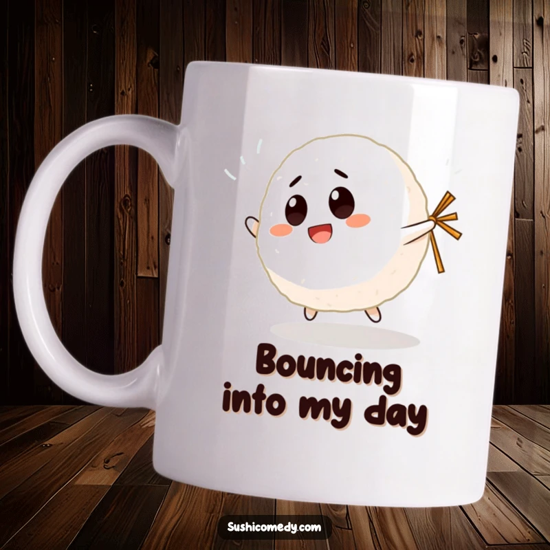 Funny Giggling Rice Ball Mug featuring a happy rice ball character bouncing energetically with a small nori strip attached, looking delighted.