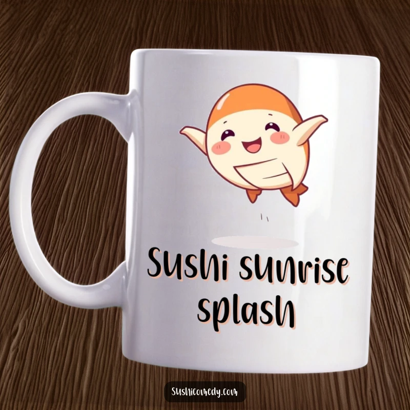 Funny Mug showing a smiling salmon nigiri mid-leap, radiating joy and a love for sushi, perfect for foodies.
