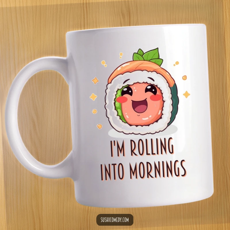 Funny tuna maki sushi roll mug, cheerfully rolling with pure excitement, a delightful gift for sushi lovers.
