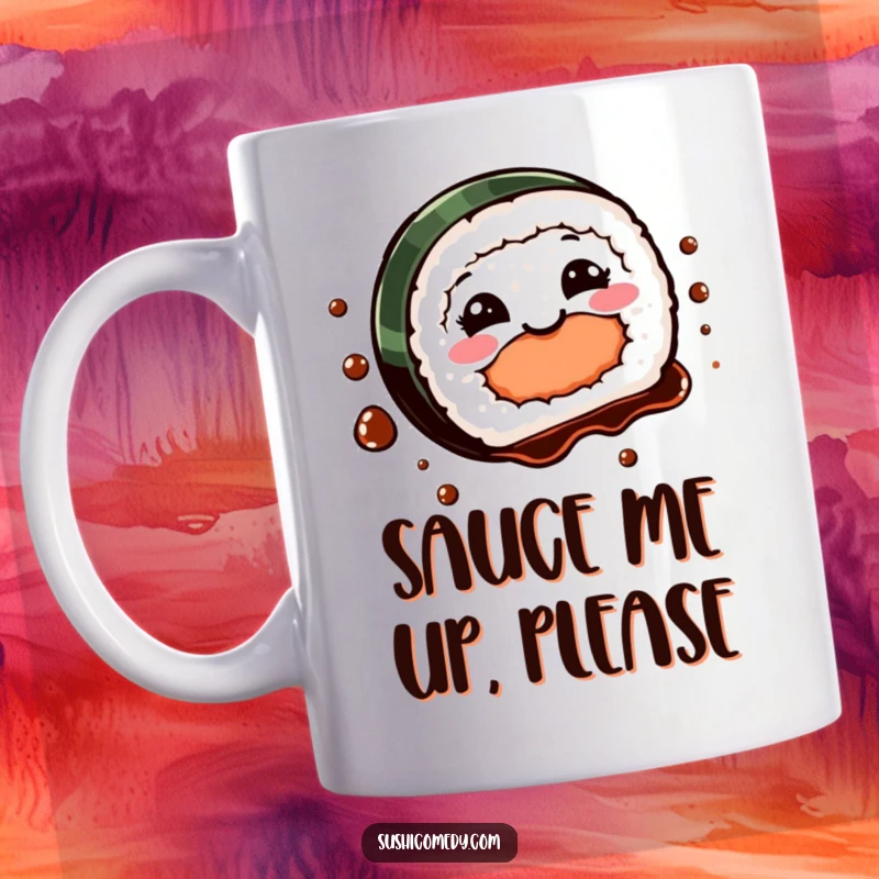 Funny Sushi Spin Mug featuring a smiling sushi piece playfully twirling with a drizzle of soy sauce, looking joyful.