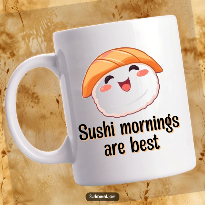 Funny sushi mug featuring a smiling salmon sushi character happily spinning, perfect for foodies and gift-givers.