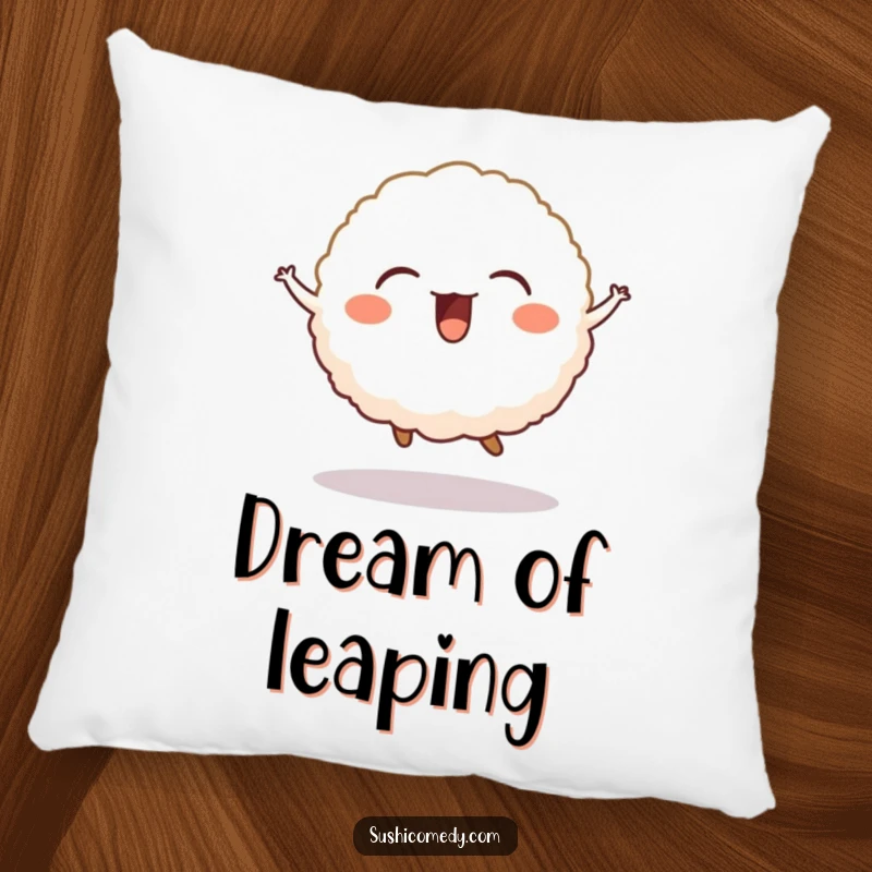 Funny pillow design of a happy rice ball in a playful jump, offering soft, cute comfort.