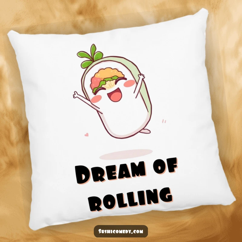 Funny pillow design of a happy maki roll doing a cartwheel, offering soft, delightful comfort.