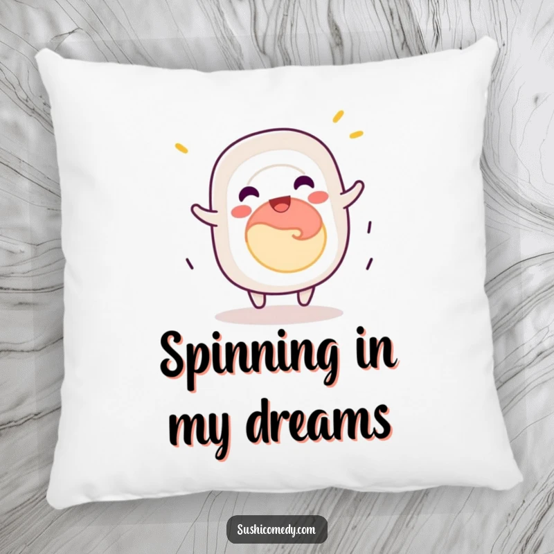 Funny California roll sushi pillow, jovially spinning with delight, soft and humorous home decor.