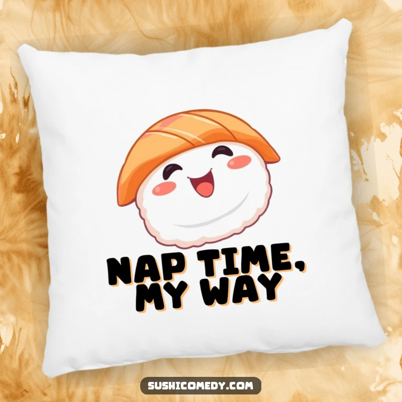 Funny sushi pillow featuring a happy spinning salmon sushi character, perfect for adding a quirky touch to any room.