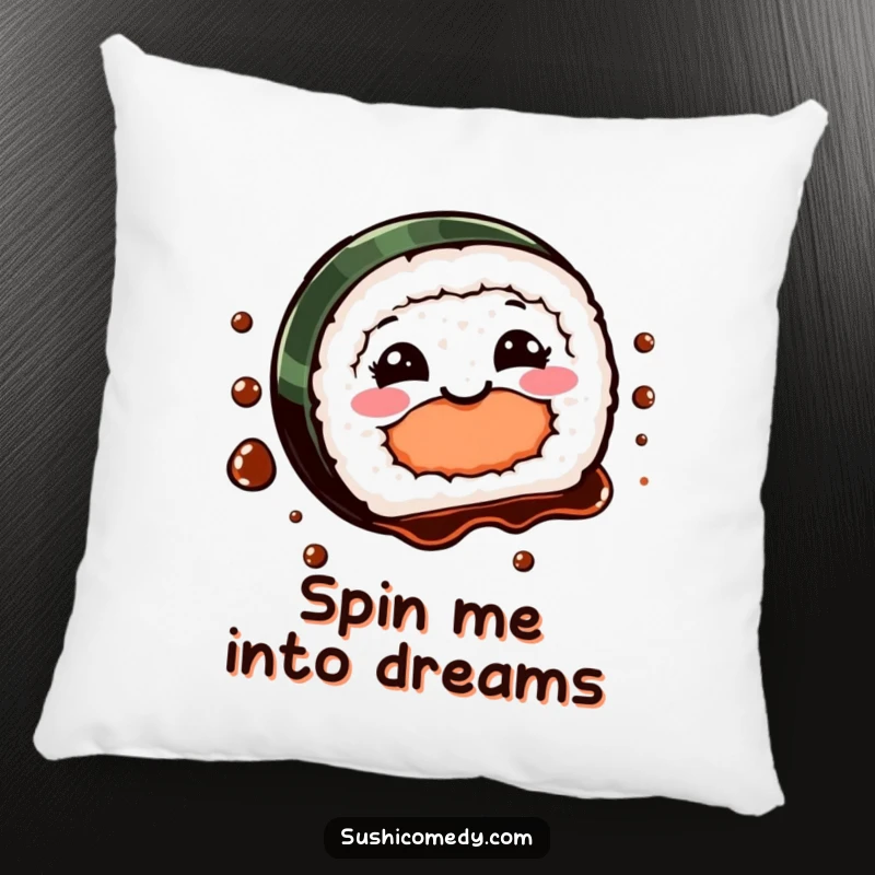 Funny Sushi Spin Pillow featuring a happy sushi piece twirling joyfully with a soy sauce flourish, perfect for a comfy accent.
