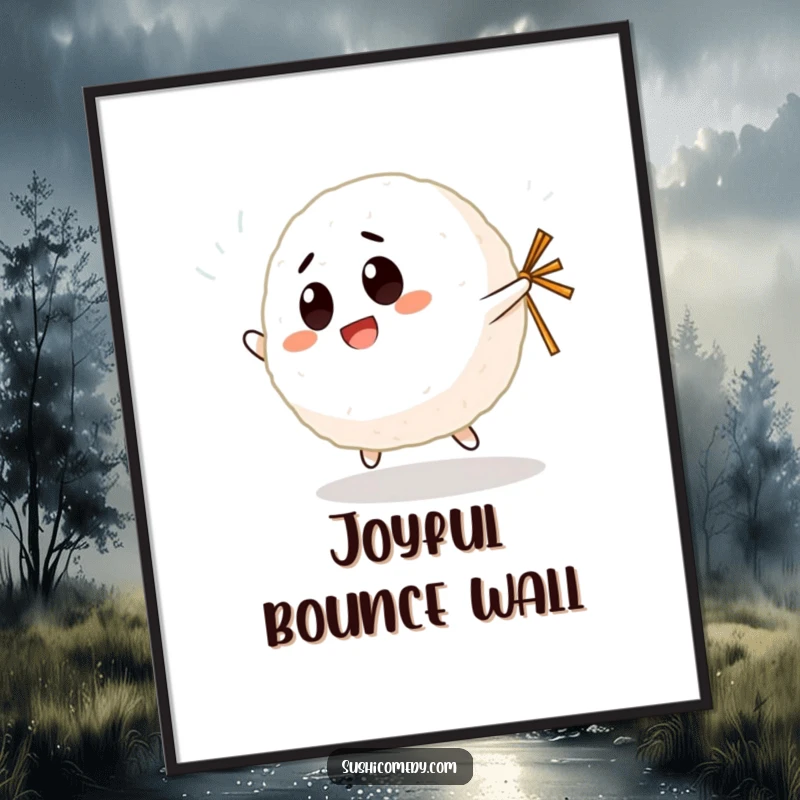 Funny Giggling Rice Ball Digital Art Print of a happy rice ball character bouncing with a nori strip, adding cheerful energy.