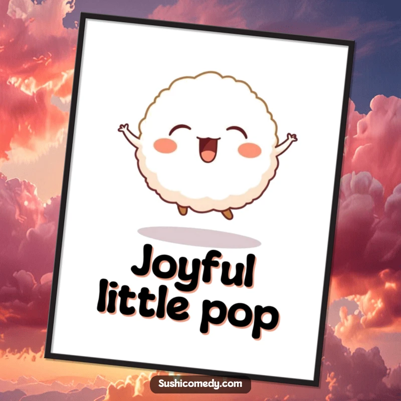 Funny digital art of a giggling rice ball captured mid-jump, perfect for instant cute decor.