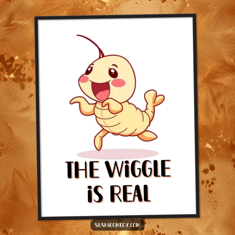 Funny shrimp tempura sushi roll digital art print, delightfully wiggling its legs, immediate humorous art.