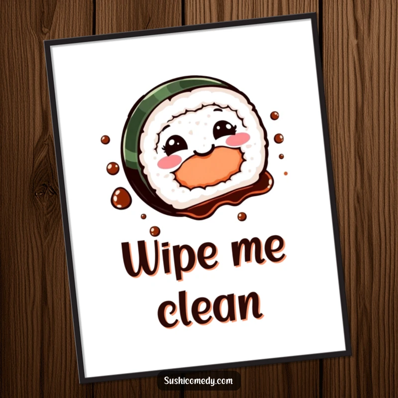 Funny Sushi Spin Digital Art Print of a happy sushi piece spinning with soy sauce, adding a touch of playful energy.