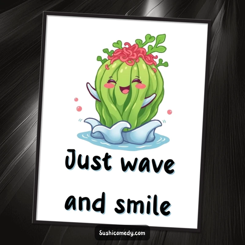 Funny seaweed salad digital art print, happily performing a gentle wave, immediate humorous art.