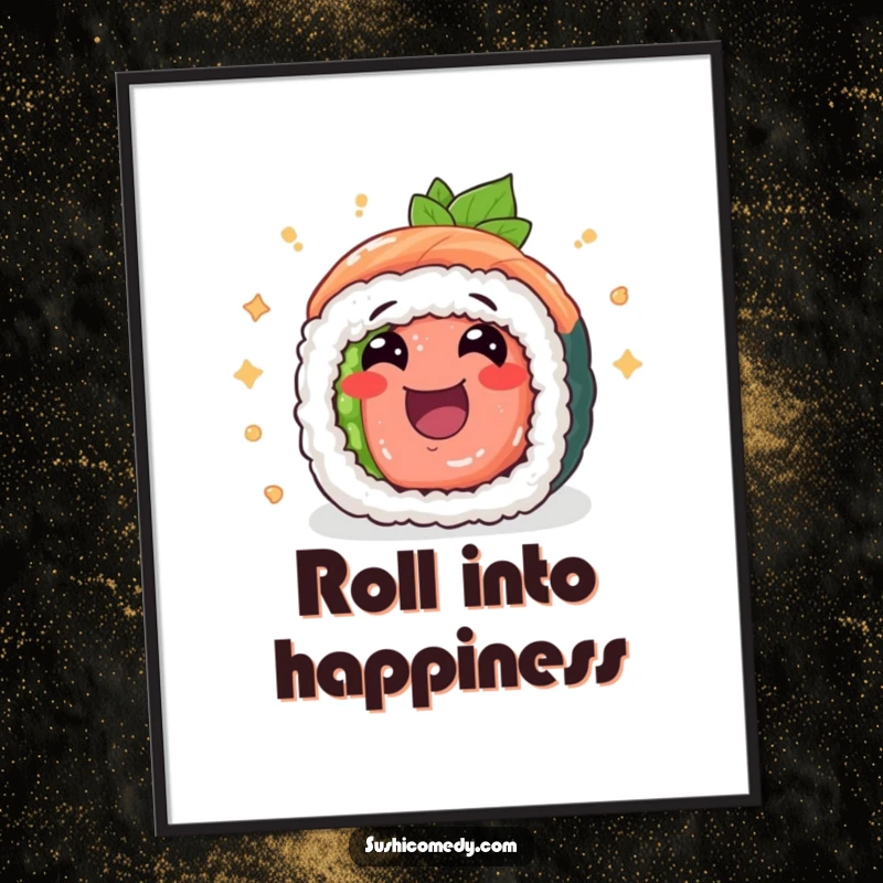 Funny tuna maki sushi roll digital art print, cheerfully rolling with excitement, instant downloadable whimsical art.