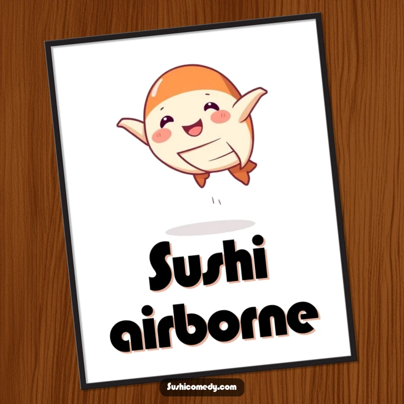 Funny Digital Art Print of a smiling salmon nigiri doing a playful leap, capturing a whimsical and humorous scene for your walls.