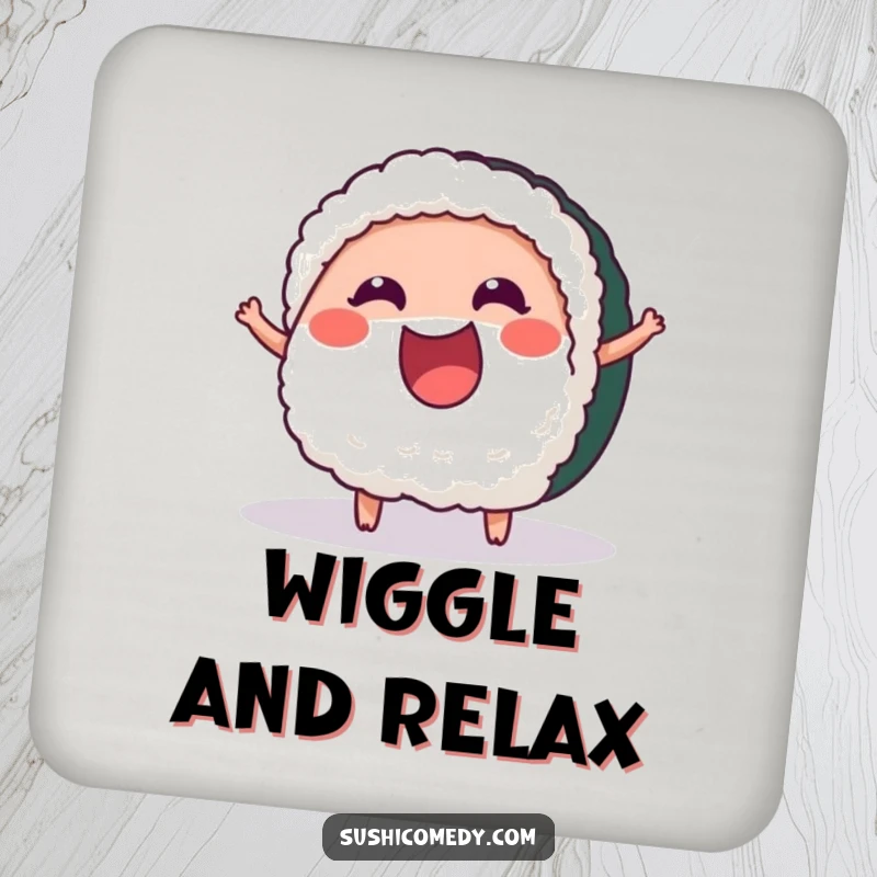 Funny Cheerful Tuna Sushi Coaster displaying a happy tuna sushi piece wiggling with excitement, adding decorative humor.