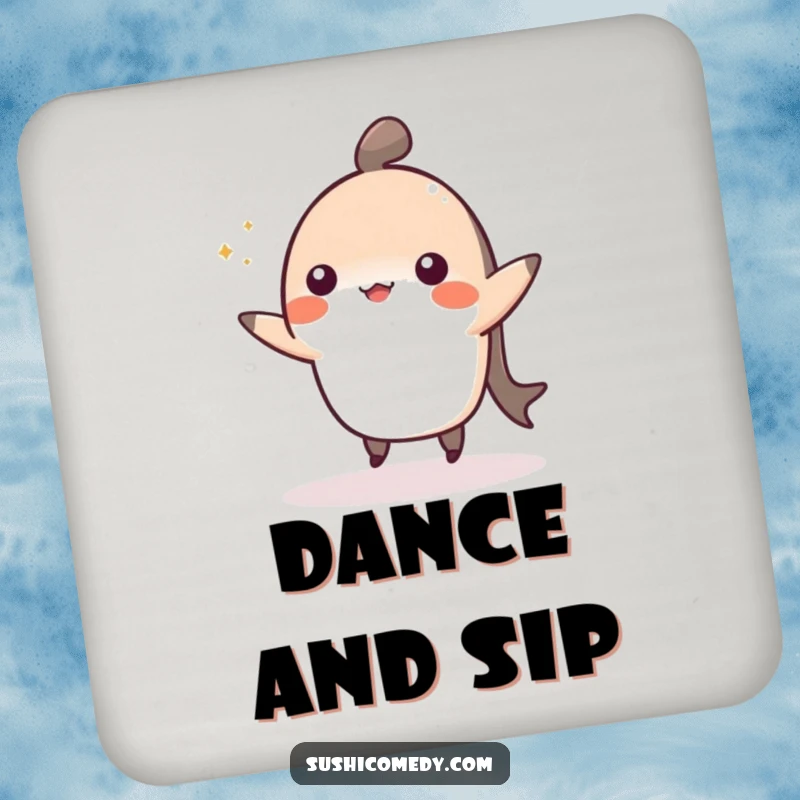 Funny coaster art of a cheerful nigiri mid-dance, adding cute sushi protection to your furniture.