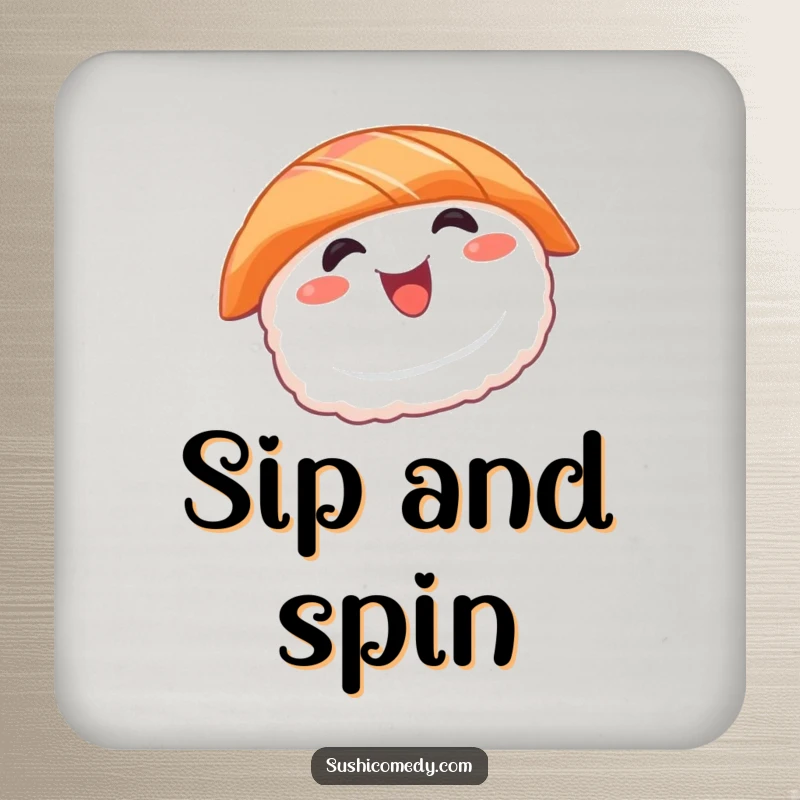 Funny sushi coaster with a smiling salmon sushi character spinning, perfect for protecting tables and adding humor.