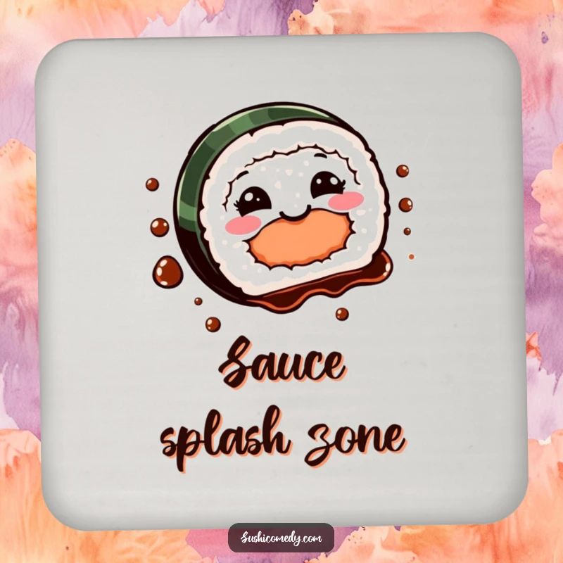 Funny Sushi Spin Coaster featuring a smiling sushi piece doing a fun spin with soy sauce, adding decorative humor.