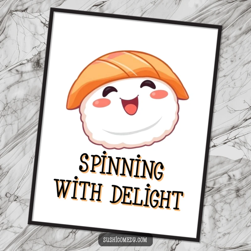 Funny sushi poster depicting a smiling salmon sushi character in a mid-spin pose, excellent for food-themed decor.