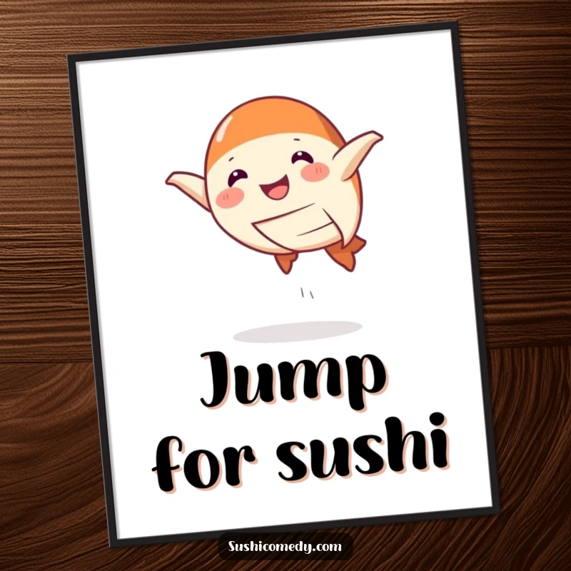 Funny Poster of a smiling salmon nigiri performing a playful leap, capturing a moment of pure, delicious fun.