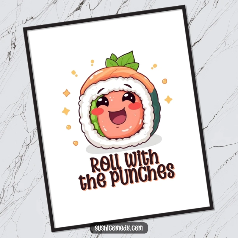 Funny tuna maki sushi roll poster, cheerfully rolling with pure excitement, vibrant wall art for sushi lovers.