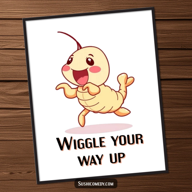 Funny shrimp tempura sushi roll poster, delightfully wiggling its legs, vibrant and humorous wall art.