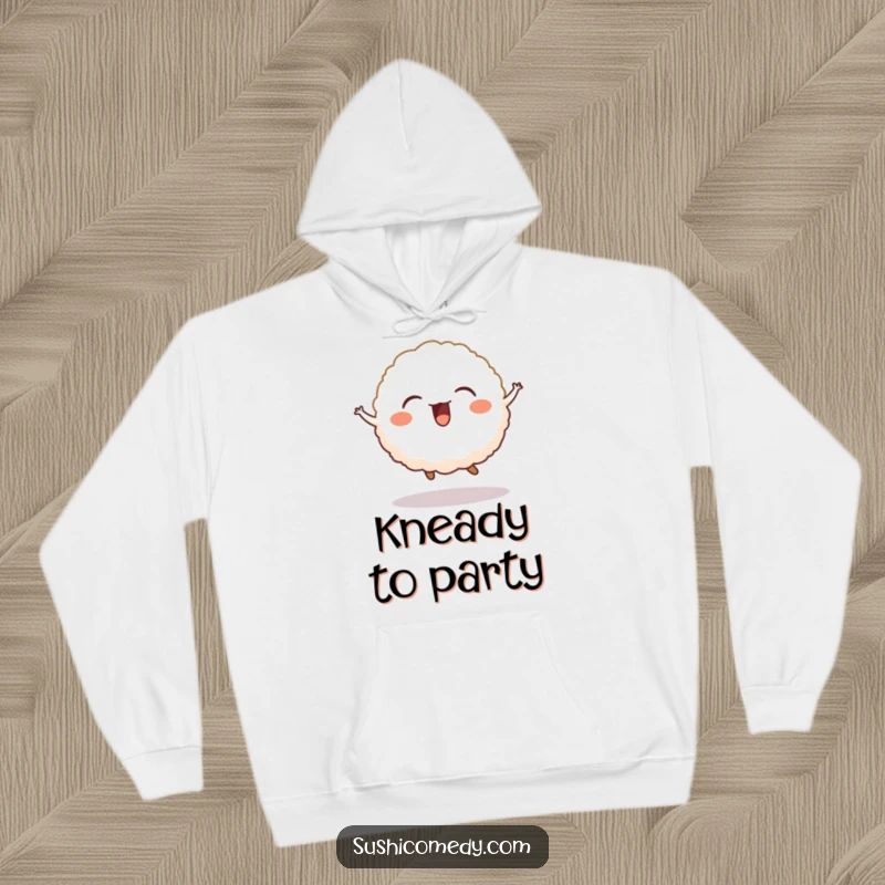 Funny hoodie design of a giggling rice ball joyfully jumping, offering warmth and cuteness.