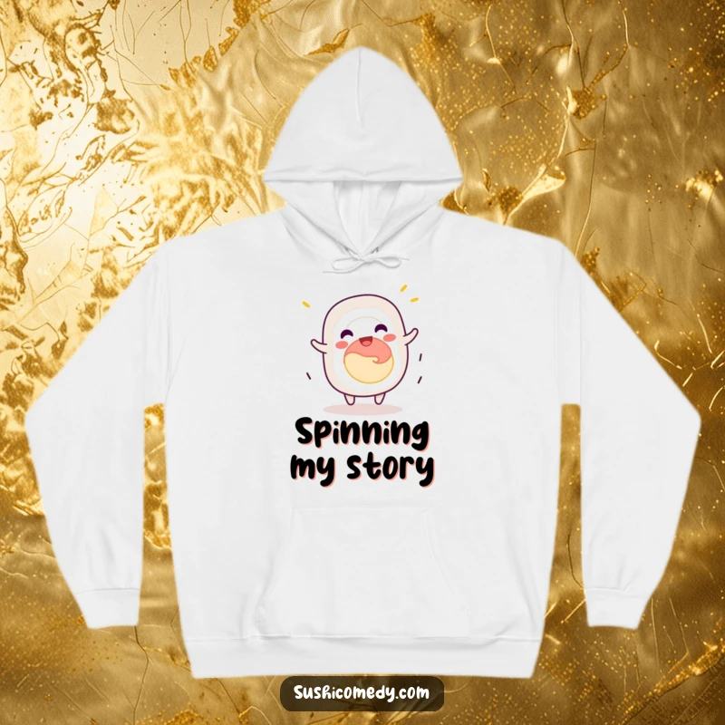 Funny California roll sushi hoodie, jovially spinning with delight, cozy and humorous outerwear for cold days.
