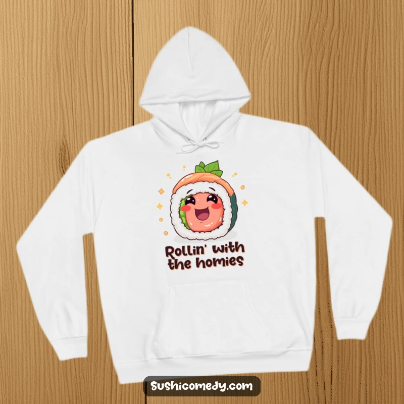 Funny tuna maki sushi roll hoodie, cheerfully rolling with excitement, a cozy and humorous outerwear piece.