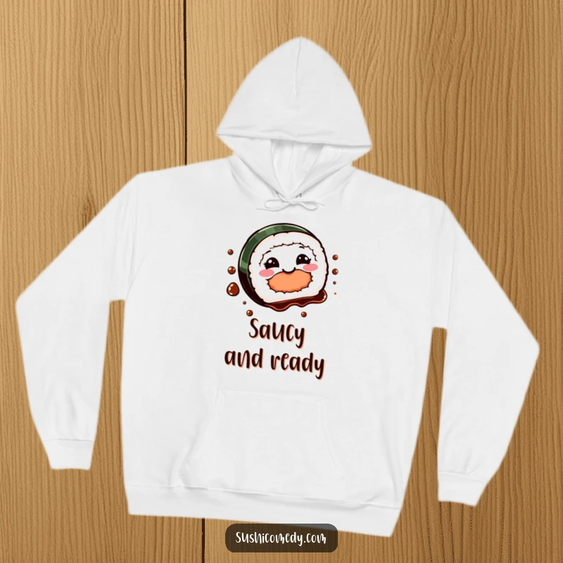 Funny Sushi Spin Hoodie featuring a charming sushi piece mid-spin, accompanied by a splash of soy sauce, radiating happiness.