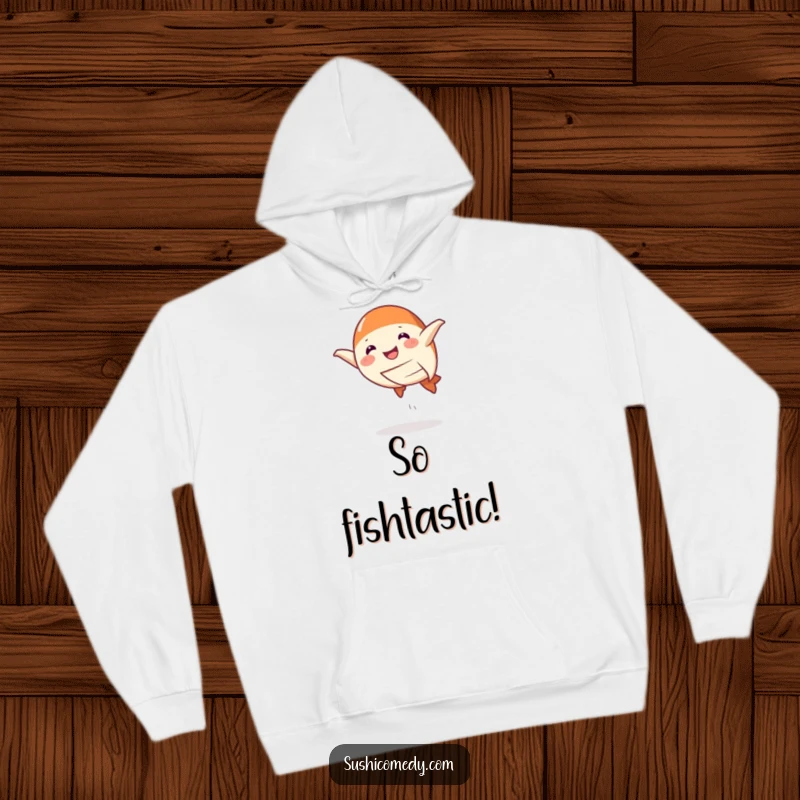 Funny Hoodie depicting a smiling salmon nigiri doing a playful leap, radiating cheerfulness and cozy sushi enthusiasm.