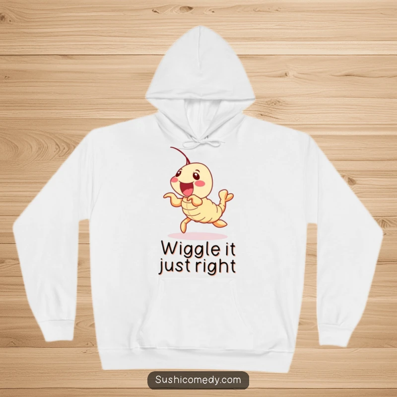 Funny shrimp tempura sushi roll hoodie, delightfully wiggling its legs, cozy and humorous outerwear.