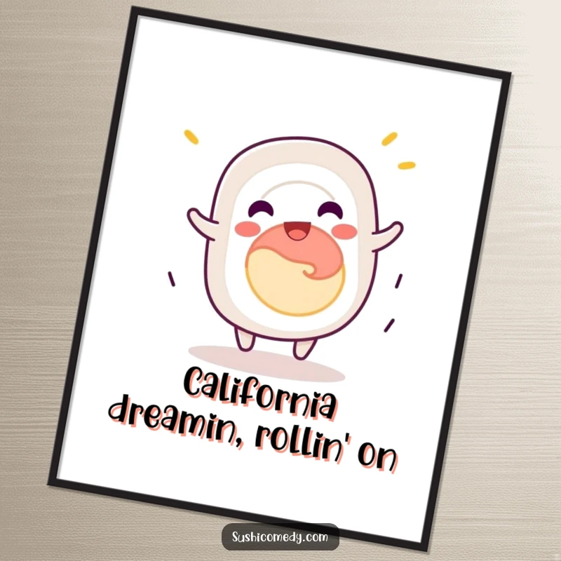 Funny free printable wall art of a cheerful California roll caught mid-silly-spin, full of energy.