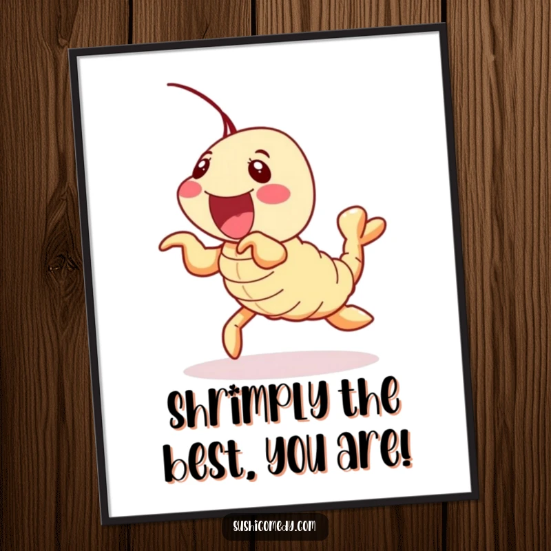 Funny free printable wall art of a delighted shrimp tempura mid-wiggle, radiating pure joy.